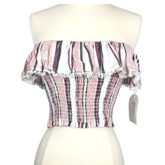 NEW Blue Life Patti Tube Top Apricot Pink Striped Ruffle Smocked - Picture 4 of 8